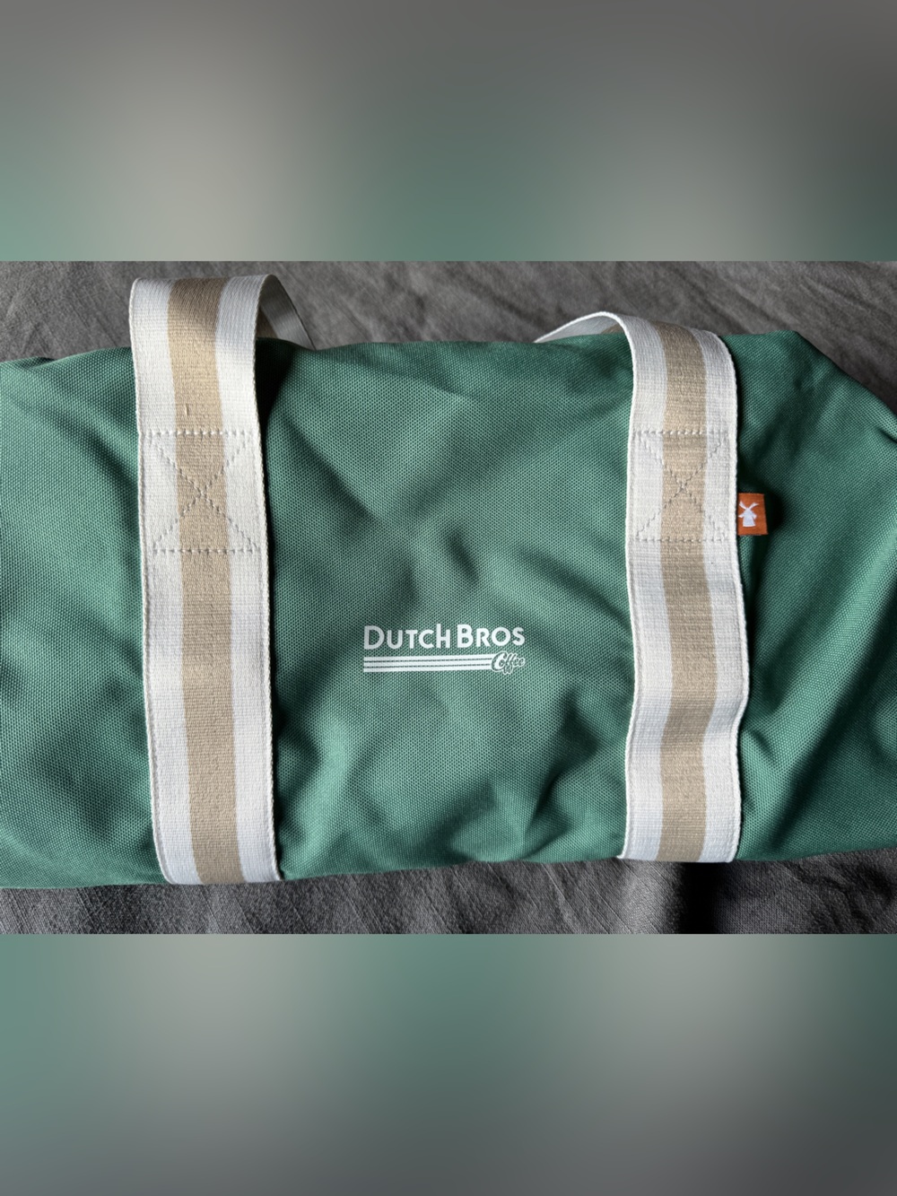 Dutch Bros Sage Green Canvas Duffel with Beige-White Straps